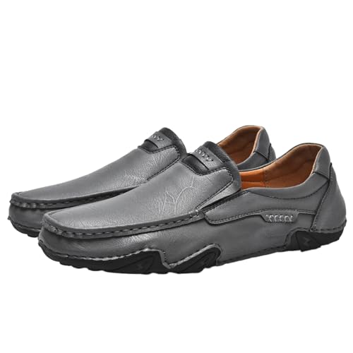 VVAULT Handgefertigte Herren-Outdoor-Komfort-Slipper aus Leder, flache Schlupfschuhe, breite Zehenpartie, Wanderschuhe, neue lässige Business-Arbeitsschuhe, grau, 46.5 EU von VVAULT