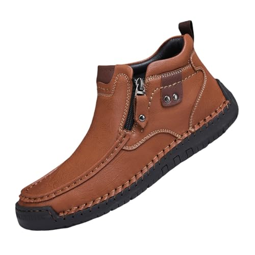 VVAULT Handgefertigte Outdoor-Komfort-Slipper für Herren, Leder, flache Schlupfschuhe, breite Zehenpartie, Herren-Leder, rutschfest, zum Fahren, Hellbraun 1, 40 EU von VVAULT