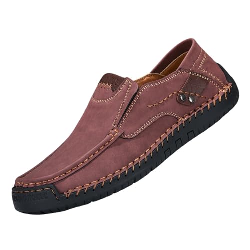 VVAULT Handgefertigte Outdoor-Komfort-Slipper für Herren, Leder, flache Schlupfschuhe, breite Zehenpartie, Herren-Leder, rutschfest, zum Fahren, rot, 46.5 EU von VVAULT