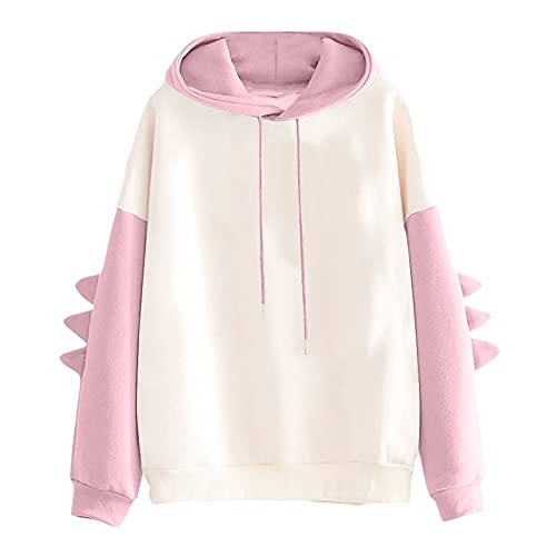 VVIA Damen Teenager Mädchen Kawaii Dino Hoodie Pullover mit Kapuze Dinosaurier Kapuzenpullover Sweatshirt Langarmshirt Oberteile Top ohne Taschen, U-rosa, XL von VVIA