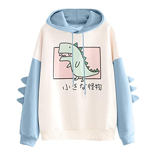 VVIA Damen Teenager Mädchen Kawaii Dino Hoodie Pullover mit Kapuze Dinosaurier Kapuzenpullover Sweatshirt Langarmshirt Oberteile Top ohne Taschen (Blau, x_l) von VVIA