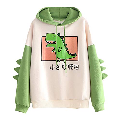 VVIA Damen Teenager Mädchen Kawaii Dino Hoodie Pullover mit Kapuze Dinosaurier Kapuzenpullover Sweatshirt Langarmshirt Oberteile Top ohne Taschen (Grün, L) von VVIA