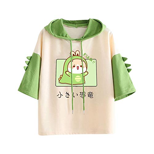 VVIA Damen Teenager Mädchen Kawaii Dino Hoodie Pullover mit Kapuze Dinosaurier Kapuzenpullover Sweatshirt Langarmshirt Oberteile Top ohne Taschen (Grün-Kurzarm, x_l) von VVIA