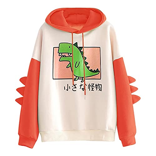 VVIA Damen Teenager Mädchen Kawaii Dino Hoodie Pullover mit Kapuze Dinosaurier Kapuzenpullover Sweatshirt Langarmshirt Oberteile Top ohne Taschen (Orange, S) von VVIA