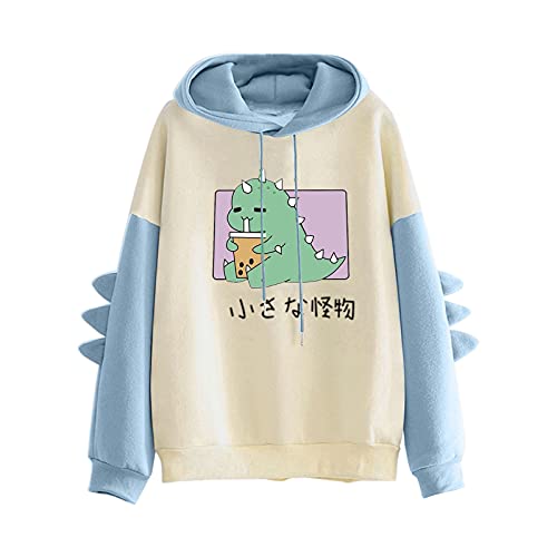 VVIA Damen Teenager Mädchen Kawaii Dino Hoodie Pullover mit Kapuze Dinosaurier Kapuzenpullover Sweatshirt Langarmshirt Oberteile Top ohne Taschen, A-blau, XL von VVIA