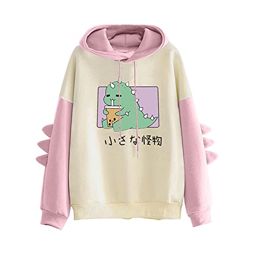 VVIA Damen Teenager Mädchen Kawaii Dino Hoodie Pullover mit Kapuze Dinosaurier Kapuzenpullover Sweatshirt Langarmshirt Oberteile Top ohne Taschen, A-rosa, L von VVIA