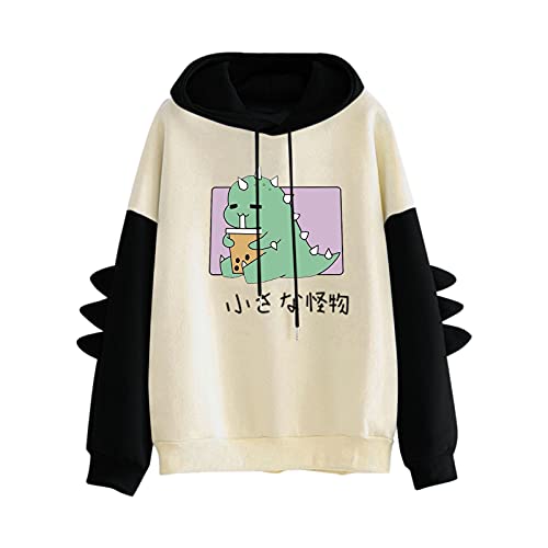 VVIA Damen Teenager Mädchen Kawaii Dino Hoodie Pullover mit Kapuze Dinosaurier Kapuzenpullover Sweatshirt Langarmshirt Oberteile Top ohne Taschen (A-schwarz, S) von VVIA