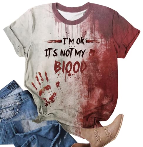 VVNTY Damen Halloween Horror T-Shirt I'm OK It's NOT My Blood Blut-Splatter Kurzarmshirt Gruseliges Party-Outfit (Blood-White,XL) von VVNTY