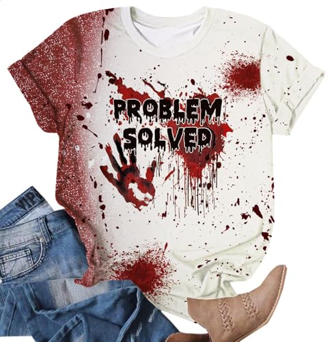 VVNTY Damen Halloween Horror T-Shirt I'm OK It's NOT My Blood Blut-Splatter Kurzarmshirt Gruseliges Party-Outfit (Problem-white1,S) von VVNTY