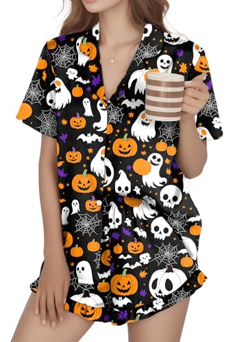 VVNTY Halloween Schlafanzüge for Damen Kürbis Geist Pyjama Frauen Casual Halloween V-Ausschnitt Set (TD1,L) von VVNTY