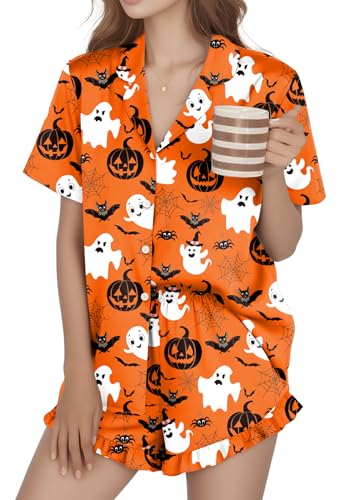 VVNTY Halloween Schlafanzüge for Damen Kürbis Geist Pyjama Frauen Casual Halloween V-Ausschnitt Set (TD3,L) von VVNTY