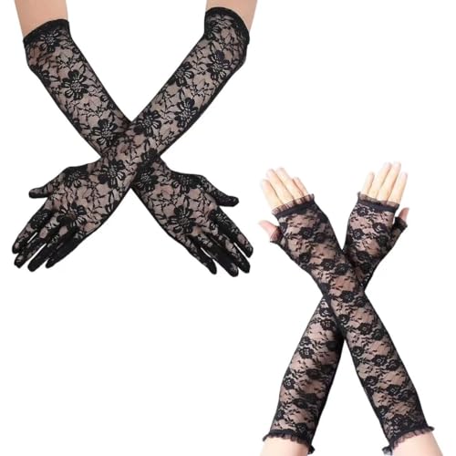 VVQWCY 2 Paare Lange Spitzenhandschuhe, Schwarze Fingerlose Handschuhe Damen and Schwarze Ellenbogenlange Handschuhe, Elegant Spitzenhandschuhe Schwarz für Partys, Hochzeiten 1920s Costume (2pcs) von VVQWCY
