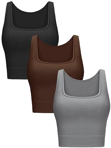 VVX Damen 3-teiliges geripptes Crop Tank Tops – quadratischer Ausschnitt, nahtlos, Workout, bauchfreies Top, Yoga-Tanks für Frauen, Hoher Hals-schwarz+braun+grau, Klein von VVX