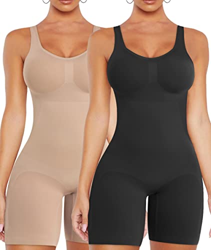 VVX Shorts Bodysuit für Frauen Bauchkontrolle Shapewear Nahtlos Sexy Butt Lifting Workout Bodycon Einteiler Kurzer Jumpsuit, 2er-Pack, schwarz + hautfarben, XL/XXL (firm control or one size up) von VVX