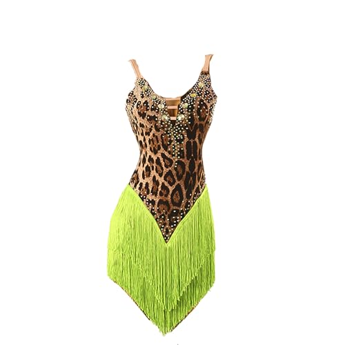 VVieer Latein Turnierkleid mit Quasten Walzer Foxtrott Tanzkleider Leopard Print Cha Cha Performance Kostüme Mit Strasssteinen (XXL,Green) von VVieer