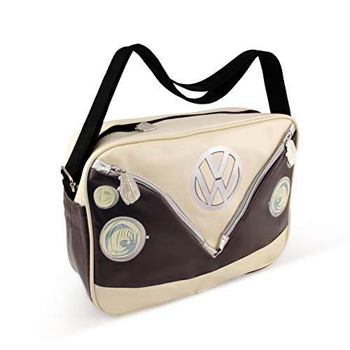 BRISA VW Collection - Große Unisex Volkswagen Schulter-Umhänge-Reise-Tasche-Freizeit-Bag mit T1 Bulli Bus Motiv (Bus Front/Braun/34cm) von BRISA