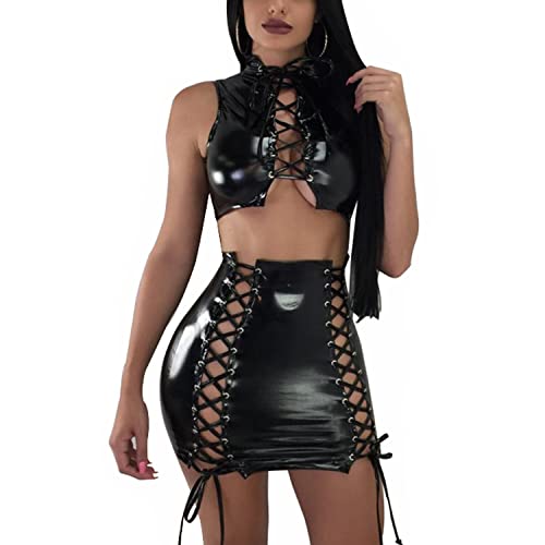VWIWV Damen Bandage Kunstleder Kleid Criss Cross 2 Stück Lace Up Crop Top und Bodycon Mini Rock Sets Outfits - Schwarz - Klein von VWIWV