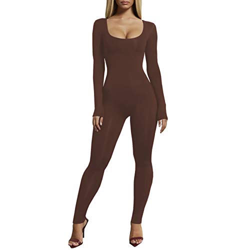 VWIWV Damen Sexy Langarm U-Ausschnitt Hohe Taille Bodycon Jumpsuits Einteiler Outfits - Braun - Mittel von VWIWV