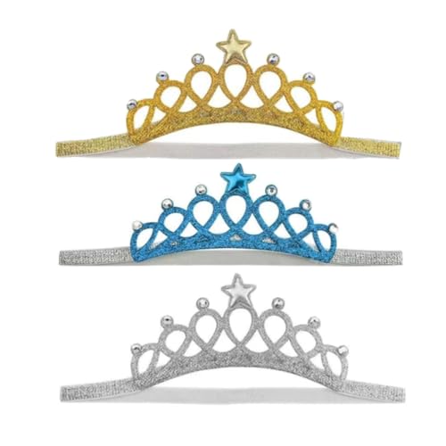 Prinzessin Tiara Set Madchen Krone Tiara Elastisches Haarband Sparkling Crown Stirnband 3 Stuck Gold, Silber, Blau von CHUANGOU