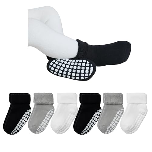 VWU Baby Mädchen Socken Anti Rutsch Dicke Manschette Baumwolle (DE/NL/SE/PL, Alter, 3 Monate, 12 Monate, Groß Antirutsch Schwarz Grau Weiß) von VWU