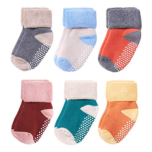 VWU Baby Mädchen Socken Anti Rutsch Dicke Manschette Baumwolle 6er Pack (0-3 Monate, Grau Grün Weiß Blau Orange ROT) von VWU