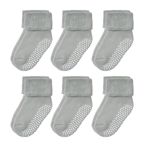 VWU Baby Mädchen Socken Anti Rutsch Dicke Manschette Baumwolle 6er Pack (4-6 Jahre, Grau) von VWU