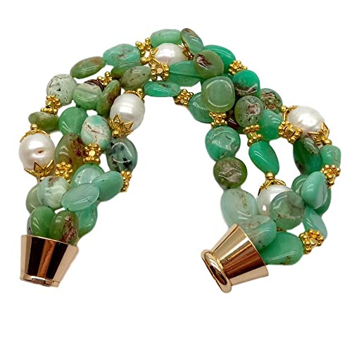 VWWJCCRO 4 Strands Green Chrysoprase Freeform Cultured White Rice Pearl Bracelet 8.5'' magnet clasp for women von VWWJCCRO
