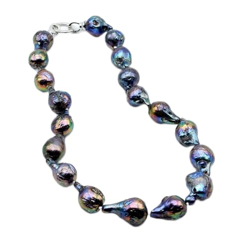 VWWJCCRO AAAA Süßwasser-Barock-Perlenkette, Durchmesser 14–15 mm, Dunkelblau/Malachitgrün/Schwarz, kurze Halskette, Damen-Perlenkette erfüllen von VWWJCCRO