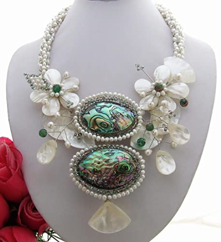 VWWJCCRO White Round Pearl White Shell teardrop Abalone Shell Crystal wrap Flower Necklace 20" von VWWJCCRO