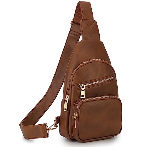 VX VONXURY Brusttasche Damen, Vegan Leder Bauchtasche Umhängetasche Klein, Sling Bag mit Breiten Gurten für Outdoorsport Reisen Arbeiten Einkaufen von VX VONXURY