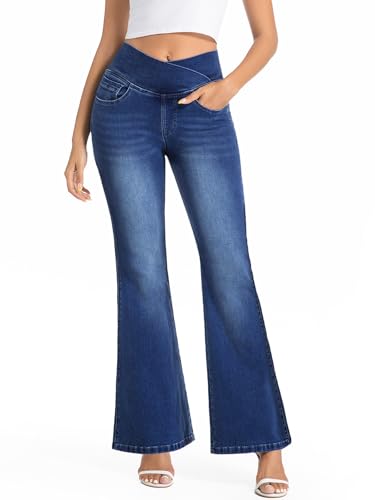 VX VONXURY Bootcut Jeans Damen mit Hoher Bund Pull on Flare Jeans Stretch Schlaghose mit und 4 Taschen Ideal für Alltag Büro,Dunkelblau von VX VONXURY