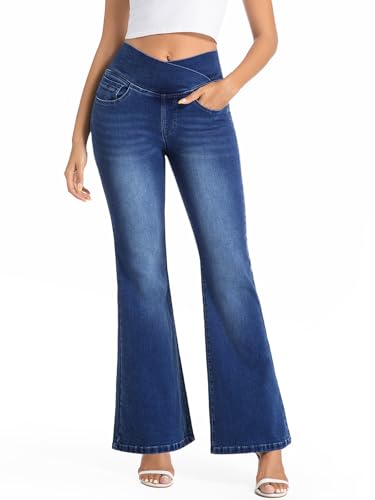 VX VONXURY Bootcut Jeans Damen mit Hoher Bund Pull on Flare Jeans Stretch Schlaghose mit und 4 Taschen Ideal für Alltag Büro,Dunkelblau von VX VONXURY