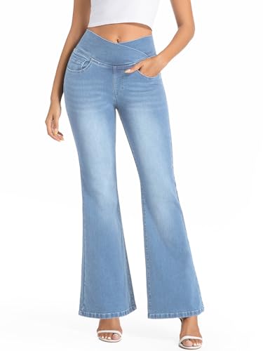 VX VONXURY Bootcut Jeans Damen mit Hoher Bund Pull on Flare Jeans Stretch Schlaghose mit und 4 Taschen Ideal für Alltag Büro,Hellblau von VX VONXURY