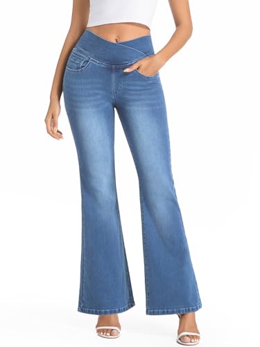 VX VONXURY Bootcut Jeans Damen mit Hoher Bund Pull on Flare Jeans Stretch Schlaghose mit und 4 Taschen Ideal für Alltag Büro,Medium Blau von VX VONXURY