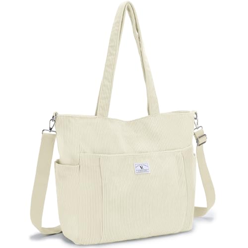 VX VONXURY Tote Bag Cord Umhängetasche Damen Mittelgroß Handtasche Frauen mit Reißverschluss Leichte Shopper für Arbeit Universität Shopping Beige von VX VONXURY