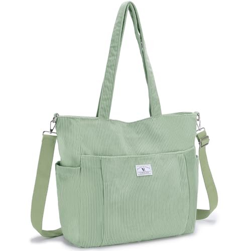 VX VONXURY Tote Bag Cord Umhängetasche Damen Mittelgroß Handtasche Frauen mit Reißverschluss Leichte Shopper für Arbeit Universität Shopping Hellgrün von VX VONXURY