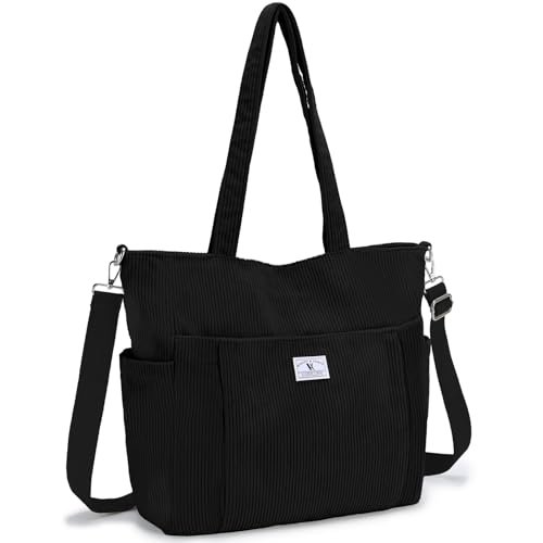 VX VONXURY Tote Bag Cord Umhängetasche Damen Mittelgroß Handtasche Frauen mit Reißverschluss Leichte Shopper für Arbeit Universität Shopping Schwarz von VX VONXURY