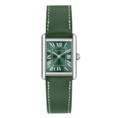 VXFAIZY Rechteckige Damenuhr mit Retro Römischen Zahlen und Lederarmband(Grün Silber) von VXFAIZY