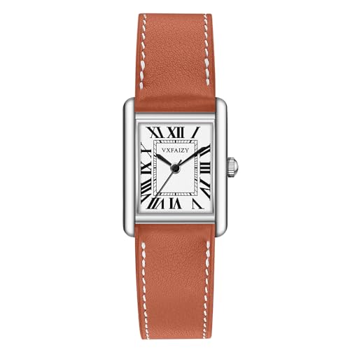VXFAIZY Rechteckige Damenuhr mit Retro Römischen Zahlen und Lederarmband(Khaki Silber) von VXFAIZY