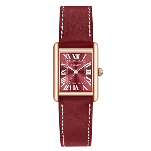 VXFAIZY Rechteckige Damenuhr mit Retro Römischen Zahlen und Lederarmband(Rotes Roségold) von VXFAIZY