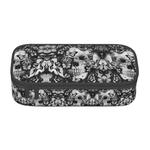 VXXNlnn Schwarzes Federmäppchen mit Totenkopf-Rosen-Druck, Mehrzweck-Stift-Organizer, Schreibwaren-Tasche, perfekt für Schule, Büro und Reisen, Schwarze Totenkopf-Rose, Einheitsgröße, Schulranzen von VXXNlnn