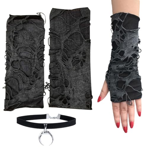 VYIBPDY 1 Paar Halloween Fingerlose Handschuhe und 1pcs Hexenhalbmond-Halsband，Spinnennetz Spitzenhandschuhe Schwarze Punkhandschuhe hexen zubehör für Halloween Party Kostüm Kostümzubehör von VYIBPDY