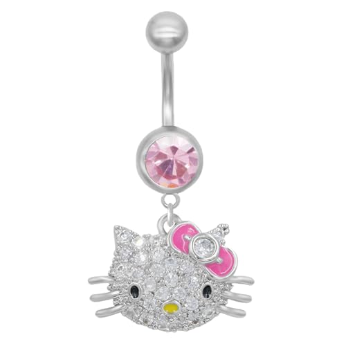 VYIBPDY bauchnabelpiercing 10mm - Kitty Katze bauchnabelpiercing silber - titan bauchnabelpiercing - Süße Katze Glitzernder Nabelring Piercing für Damen (Rosa) von VYIBPDY
