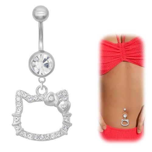 VYIBPDY bauchnabelpiercing 10mm - Kitty Katze bauchnabelpiercing silber - titan bauchnabelpiercing - Süße Katze Glitzernder Nabelring Piercing für Damen (Silber) von VYIBPDY