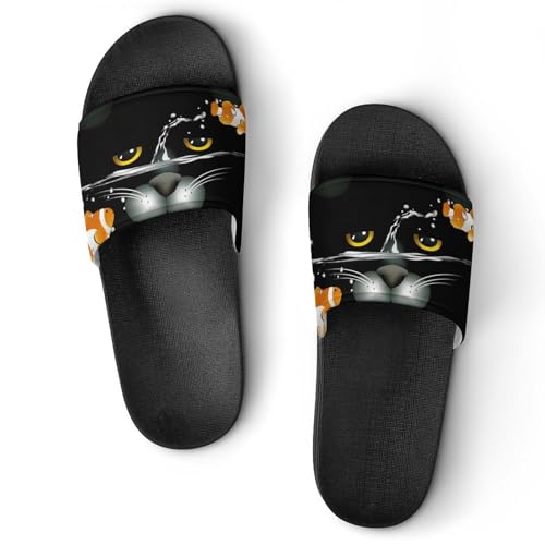 Damen Schlappen Goldfisch Schwarze Katze Badeschuhe rutschfest Badeschlappen Hausschuhe Slides Sandalen Slippers von VYJLOO