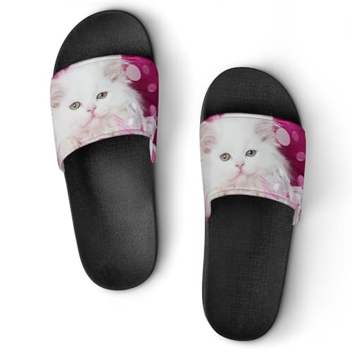 Damen Schlappen Weiße Katze Badeschuhe rutschfest Badeschlappen Hausschuhe Slides Sandalen Slippers von VYJLOO