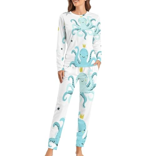 VYJLOO Blauer Oktopus Damen Schlafanzug Lange Pyjama Set Zweiteiliger Nachtwäsche Langarm Hausanzug Sleepwear von VYJLOO