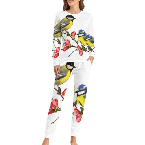 VYJLOO Blumen Vögel Damen Schlafanzug Lange Pyjama Set Zweiteiliger Nachtwäsche Langarm Hausanzug Sleepwear von VYJLOO