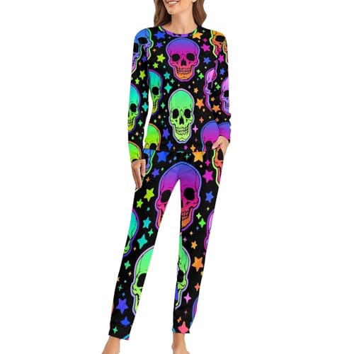 VYJLOO Bunter Totenkopf Damen Schlafanzug Lange Pyjama Set Zweiteiliger Nachtwäsche Langarm Hausanzug Sleepwear von VYJLOO