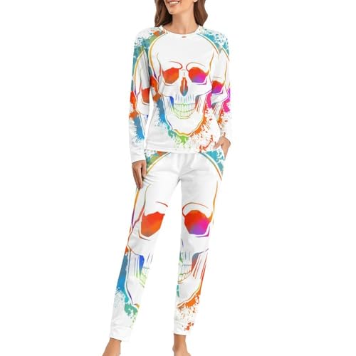 VYJLOO Bunter Totenkopf Damen Schlafanzug Lange Pyjama Set Zweiteiliger Nachtwäsche Langarm Hausanzug Sleepwear von VYJLOO